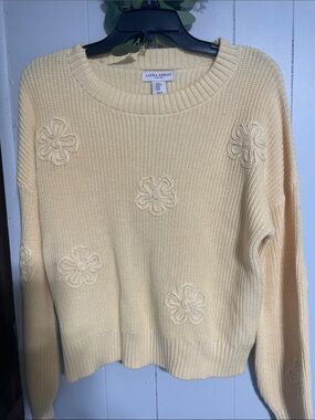 Laura Ashley Pale Yellow Crewneck Sweater with Floral Appliqués